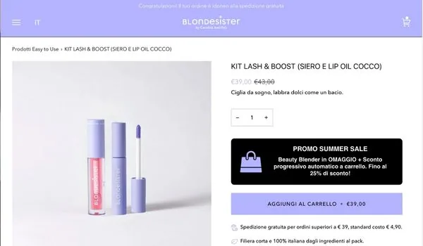 Scheda prodotto dello store Shopify blondesister.com: kit lash e boost con lip oil, promo summer sale