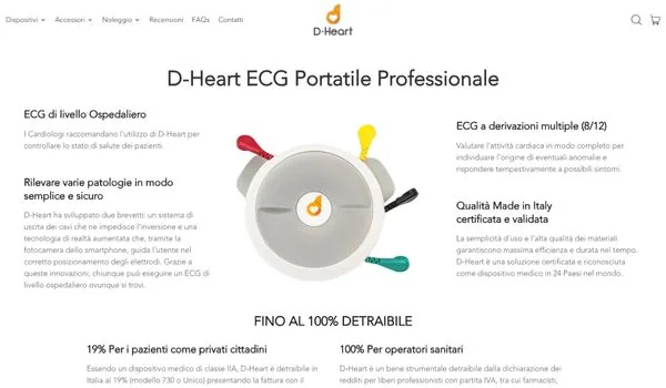 Pagina prodotto dello store Shopify d-heartcare.com: ECG portatile professionale D-Heart