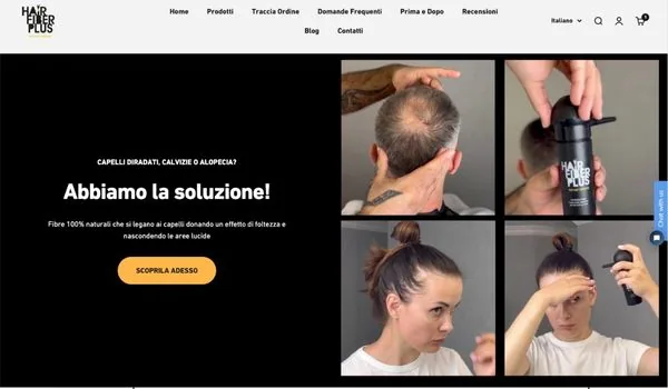 Homepage dello store Shopify hairfiberplus.com con video dimostrativi della fibra per capelli