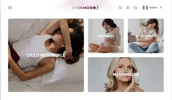 Navigazione guidata dello store Shopify hormoonskincare.com: ciclo mestruale, gravidanza, allattamento, menopausa
