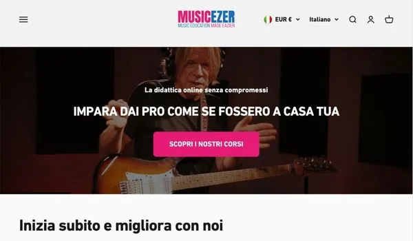 Homepage della piattaforma di corsi di musica online musicezer.com, sviluppata su Shopify