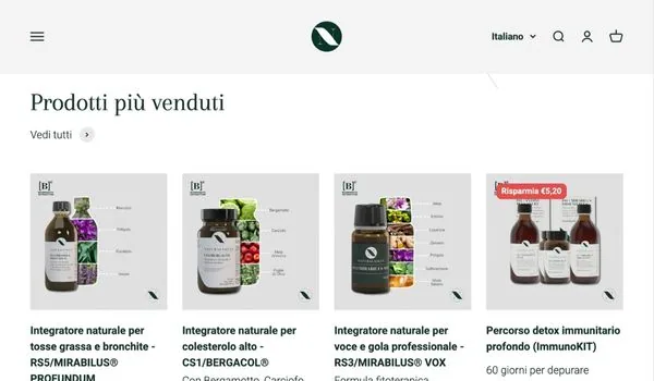 Sezione prodotti più venduti dello store Shopify naturalsalus.it: integratori naturali