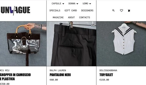 Catalogo dello store Shopify unvaguevintage.it: borse, pantaloni e capi vintage di brand fashion