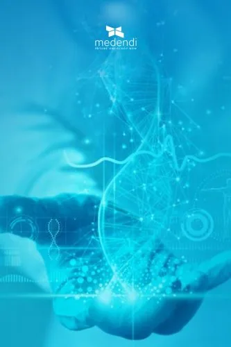 Illustrazione azzurra con DNA e mano, campagna Medendi, servizi medici
